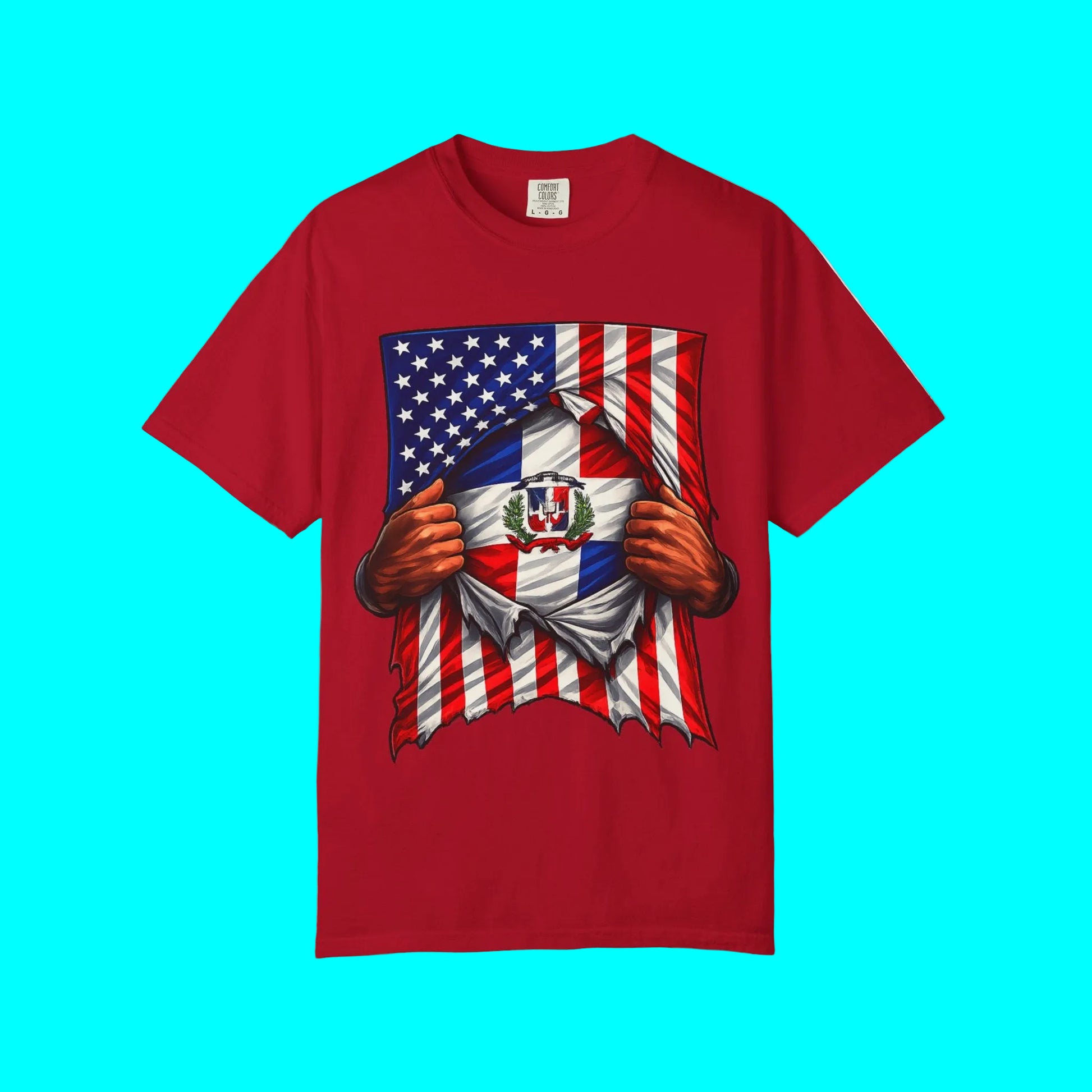 Red t-shirt with a graphic design of a flag and hands on a white background