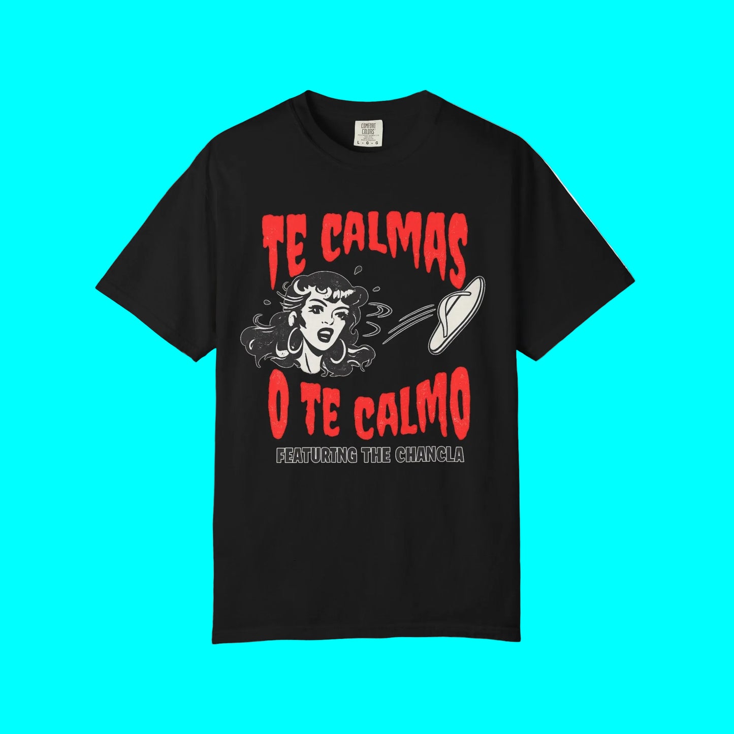 Black t-shirt with red and white graphic design on a white background