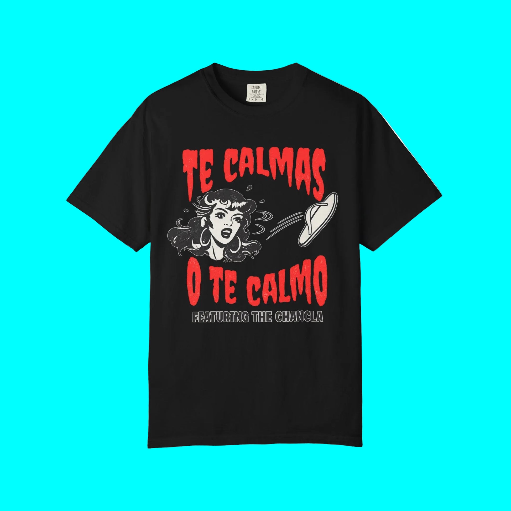 Black t-shirt with red and white graphic design on a white background