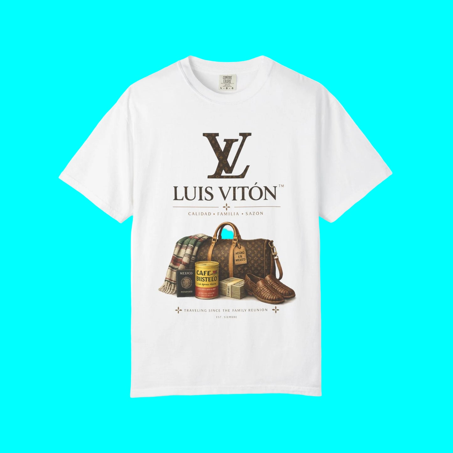 White t-shirt with Luis Viton graphic featuring a bag, shoes, and other items on a white background.