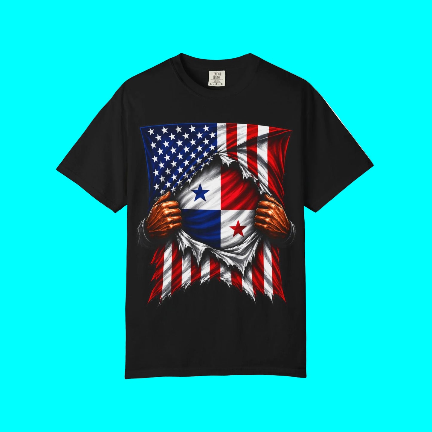 A black short-sleeve crewneck t-shirt featuring a graphic print of the Panama flag being ripped open to reveal a patriotic American flag underneath, with two hands tearing the fabric.