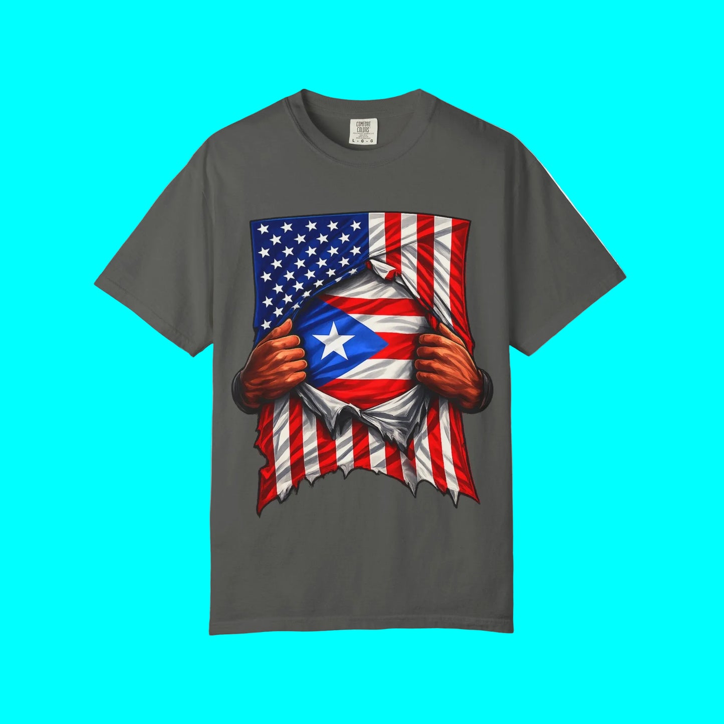 Gray t-shirt with a graphic design of an American flag and Puerto Rican flag emerging from a chest opening on a white background.