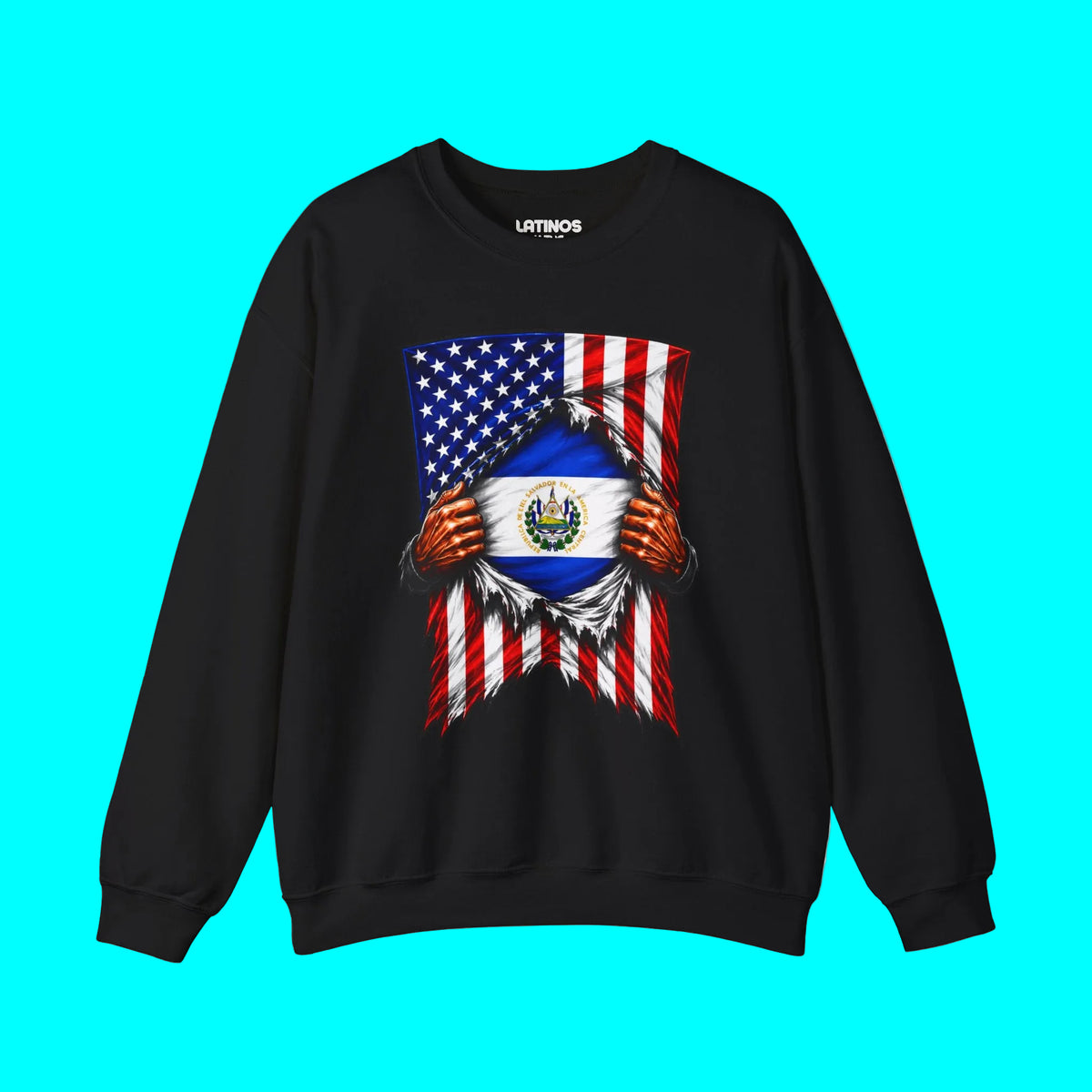 El Salvador Flag + USA Flag Heritage Crewneck Sweatshirt  | Salvadorian + American Culture Flag Rip 4th Of July | Funny Viral Latino | Heavyweight Fleece-Lined