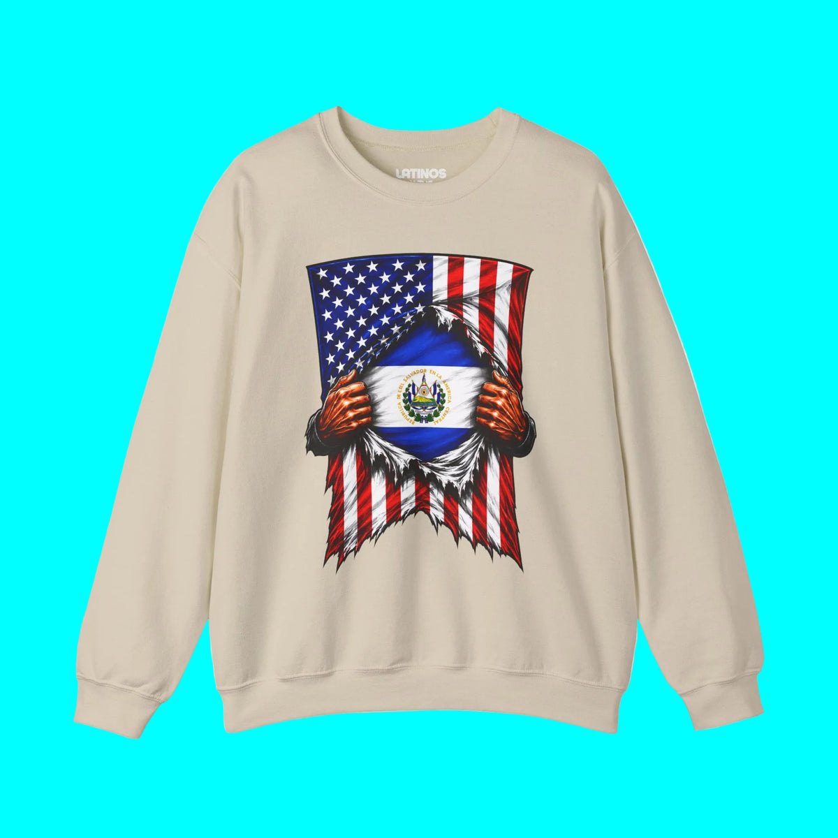 El Salvador Flag + USA Flag Heritage Crewneck Sweatshirt  | Salvadorian + American Culture Flag Rip 4th Of July | Funny Viral Latino | Heavyweight Fleece-Lined