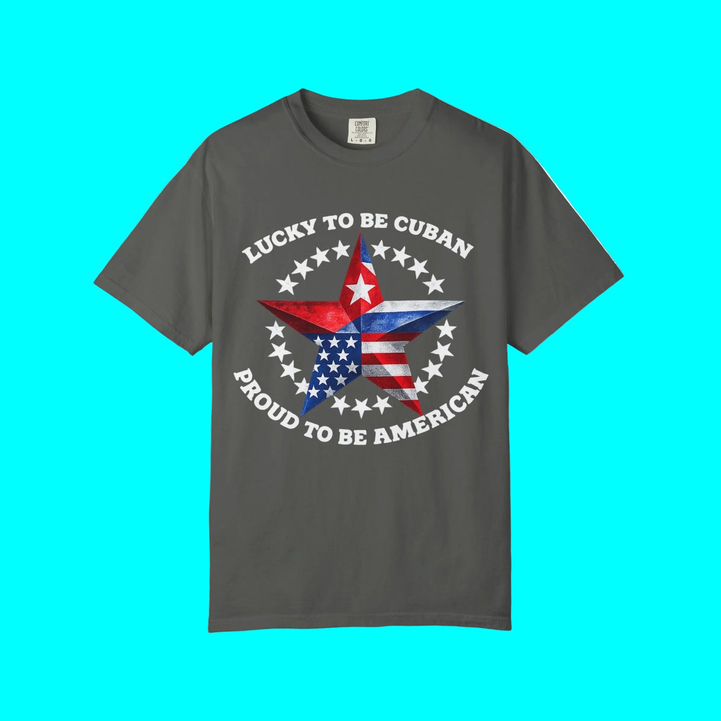 Gray t-shirt with a star design and text on a white background