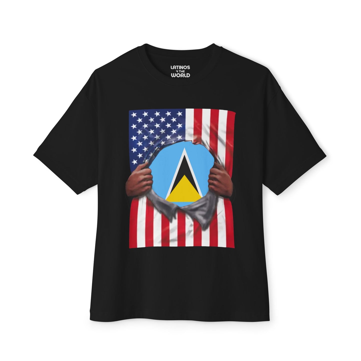 Saint Lucia + USA Flag T-shirt | St Lucian + American Flag Rip 4th Of July | Funny Latino Tees | 4 Colors