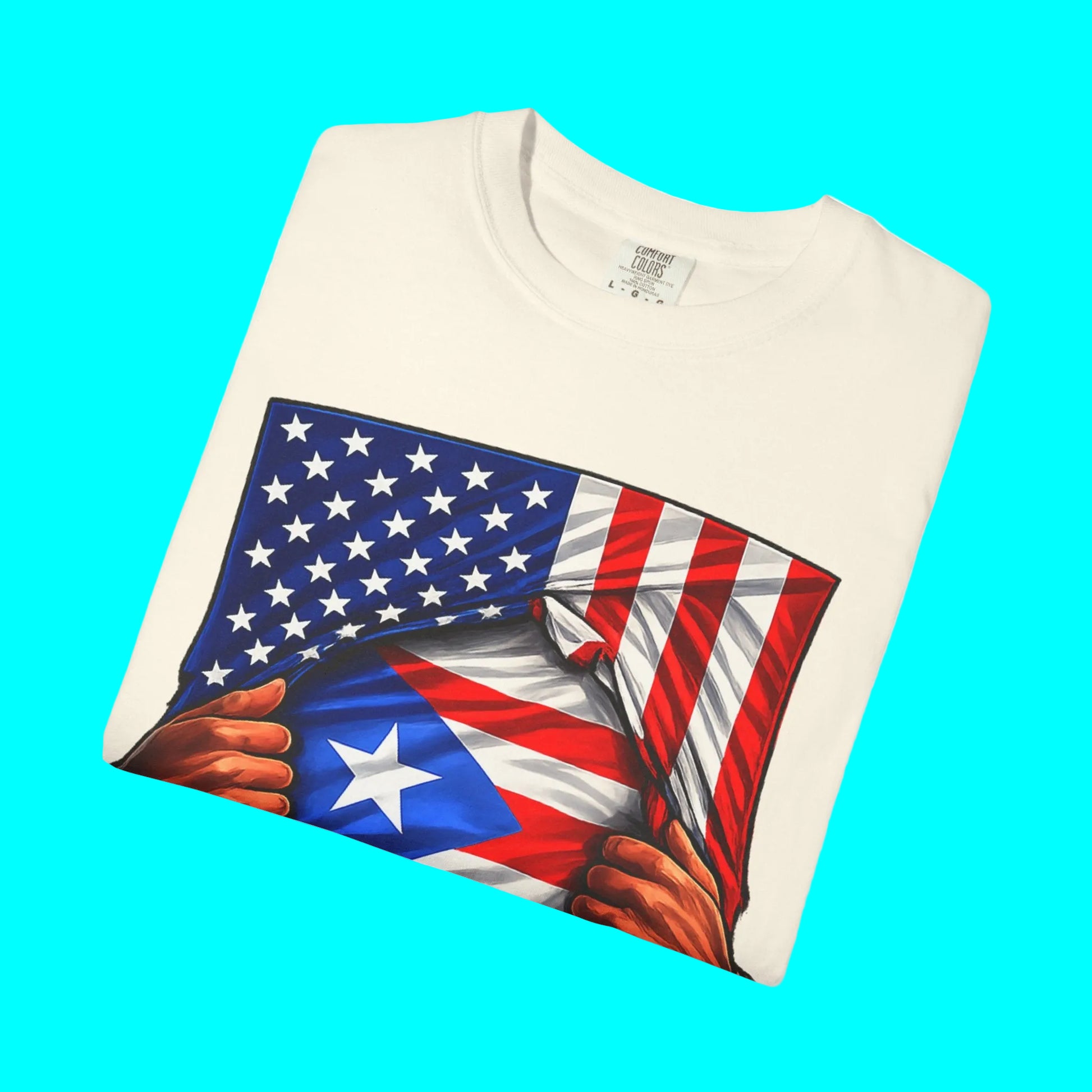 Folded t-shirt with American and Puerto Rican flag design on a white background