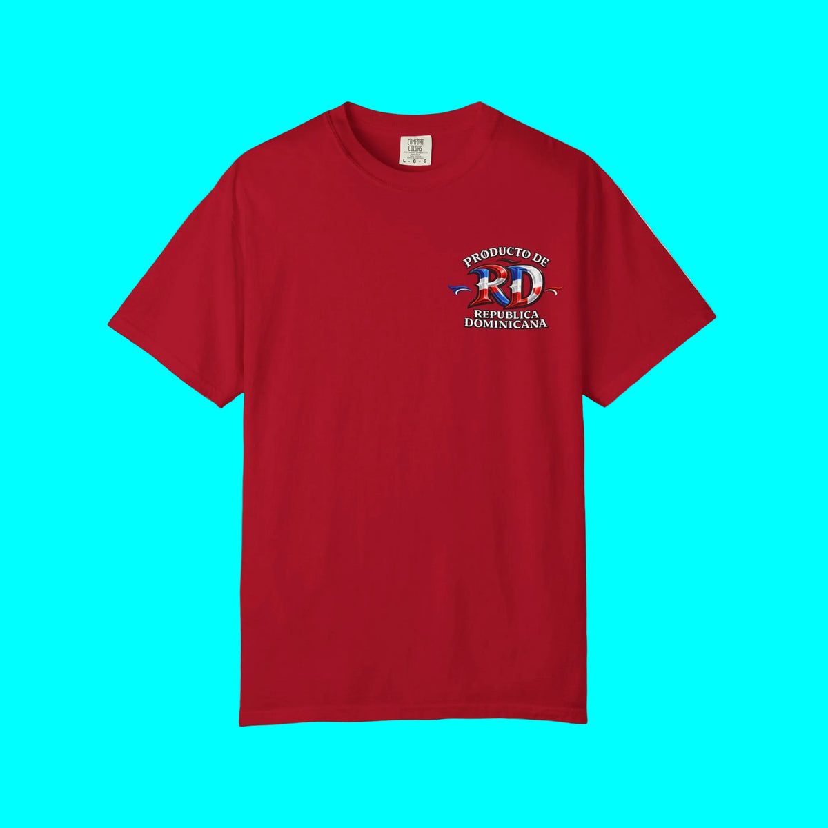 A red short-sleeve crewneck t-shirt with a small graphic on the left chest featuring the text 'PRODUCTO DE REPUBLICA DOMINICANA' and a stylized 'RD' with the Dominican flag colors, shown on a plain white background.