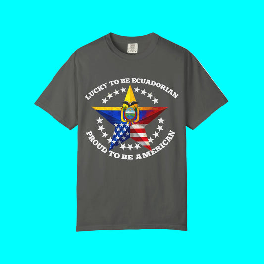Gray t-shirt with a design featuring the American and Ecuadorian flags on a white background