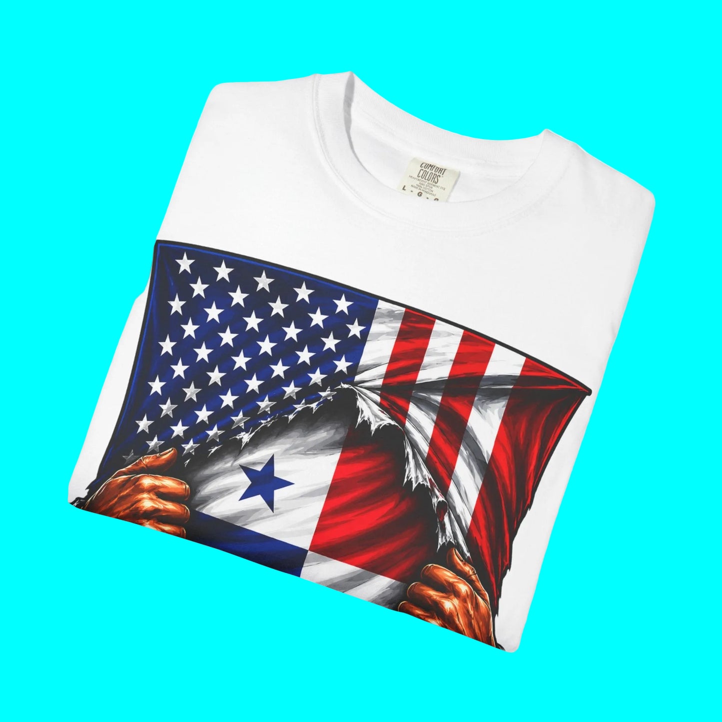 A white crewneck t-shirt folded flat, featuring a graphic print of a distressed American flag with a bald eagle tearing it apart to reveal the Panama flag underneath.