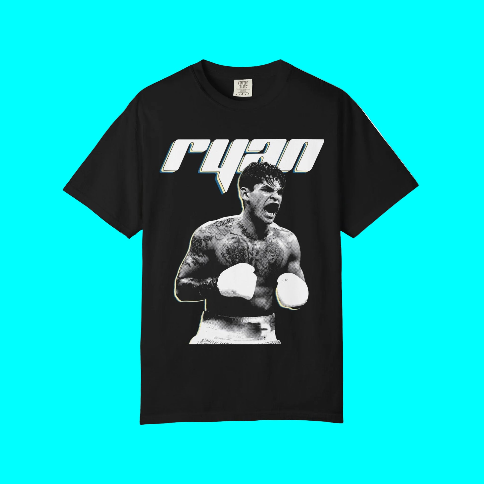 A black short-sleeve t-shirt featuring a graphic print of a tattooed boxer with white boxing gloves and the stylized text 'RYAO' in white with a blue outline across the chest.