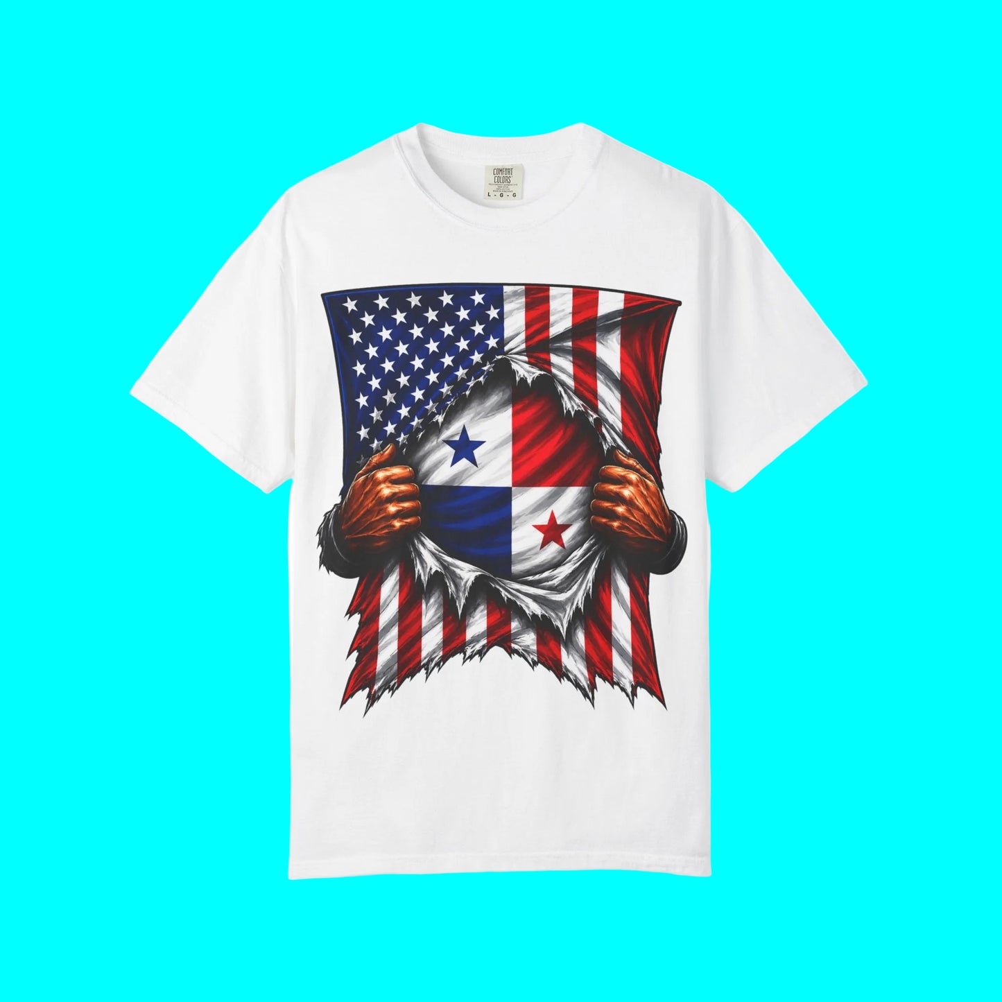 A white short-sleeve crewneck t-shirt featuring a graphic print of the United States flag and the Panamanian flag with a ripped-tissue effect and hands tearing it open.