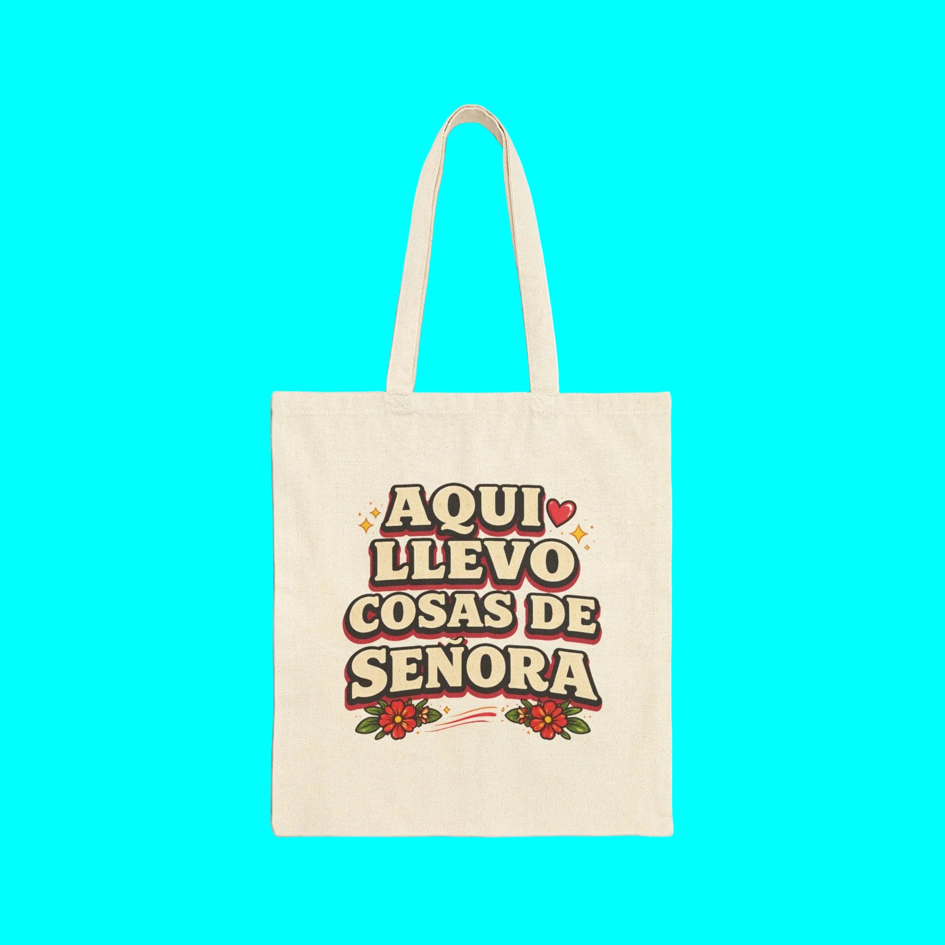 Beige tote bag with colorful text and graphics on a white background