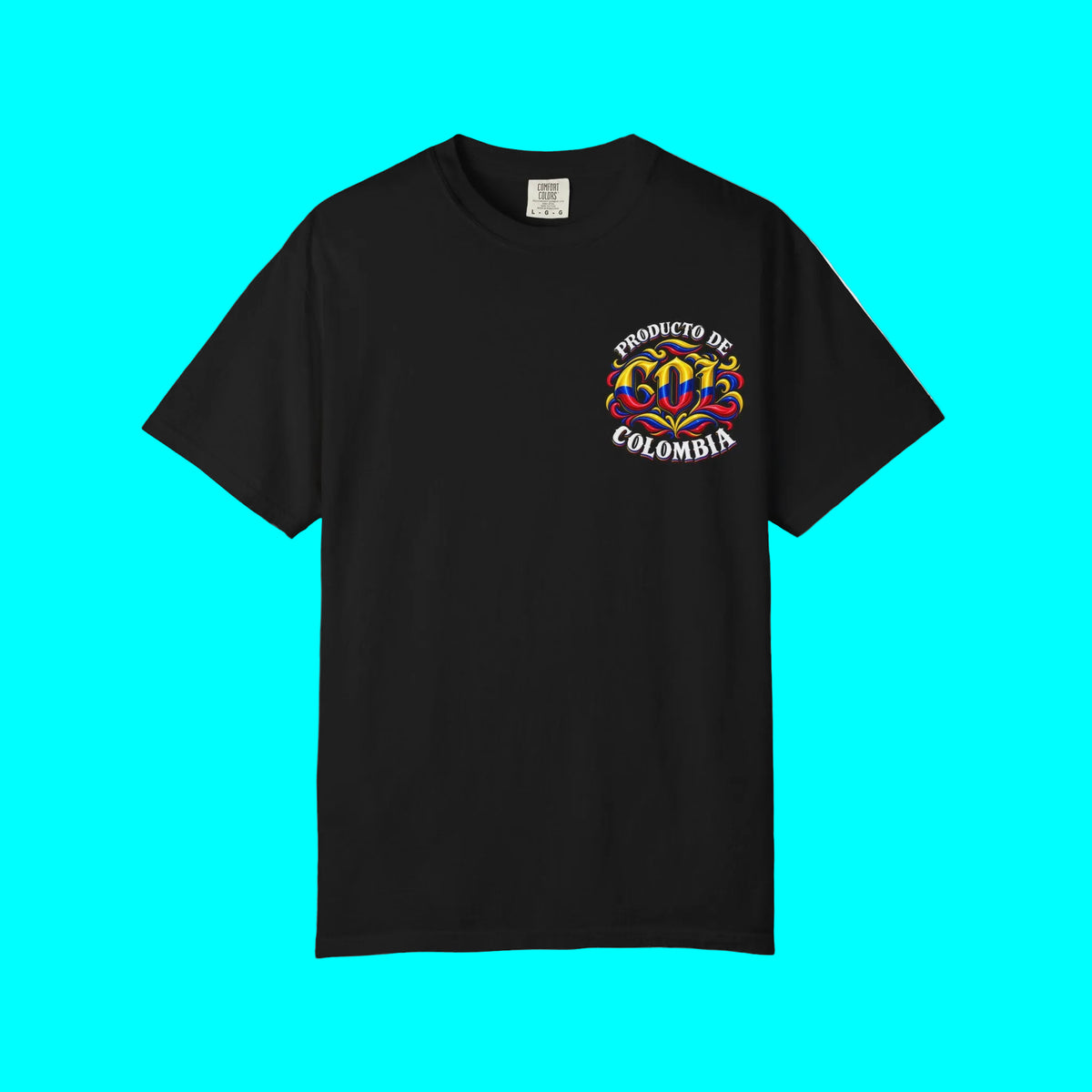 Black t-shirt with a white graphic on a white background