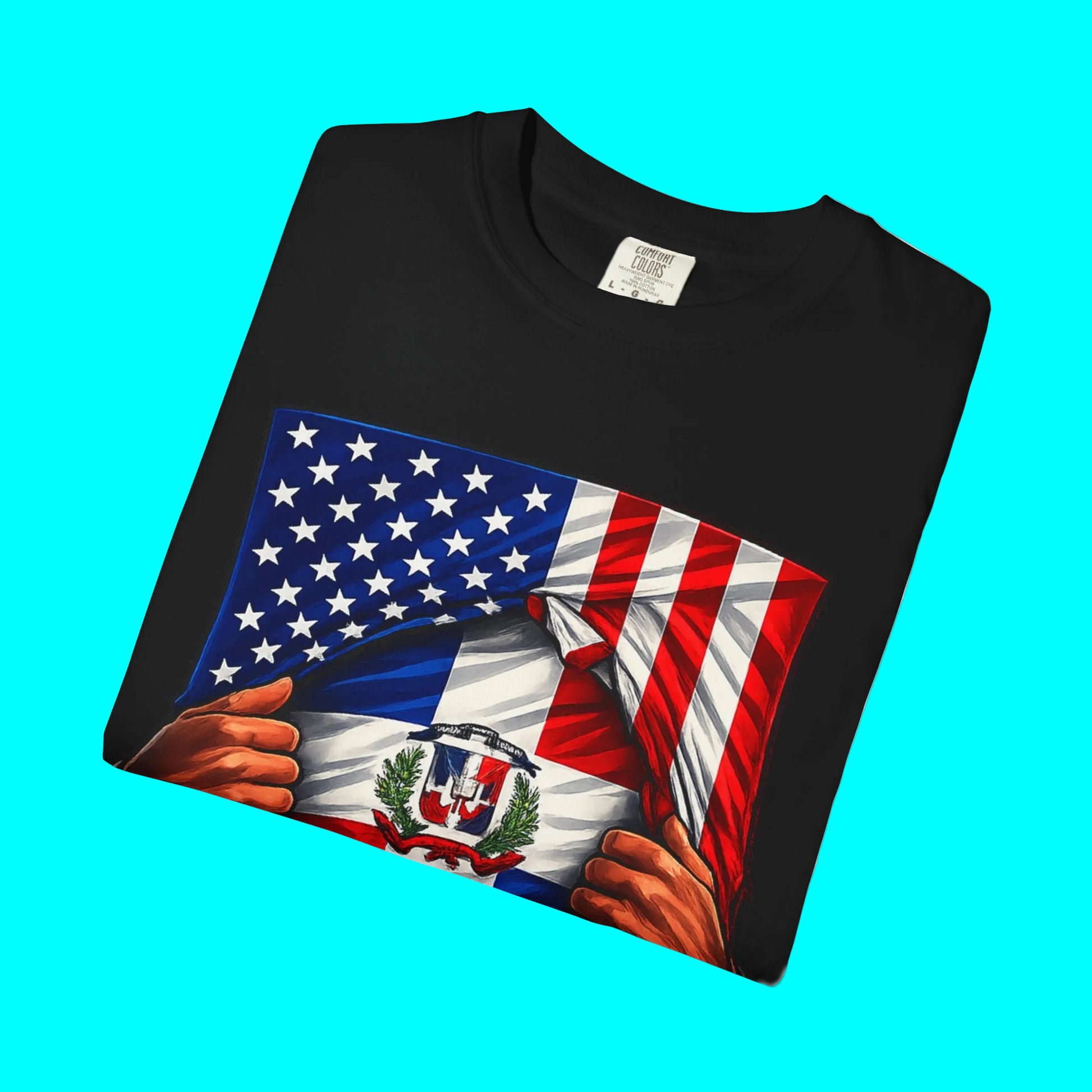 Black t-shirt with a graphic of two hands holding an American flag and a flag with a green leaf design on a white background.