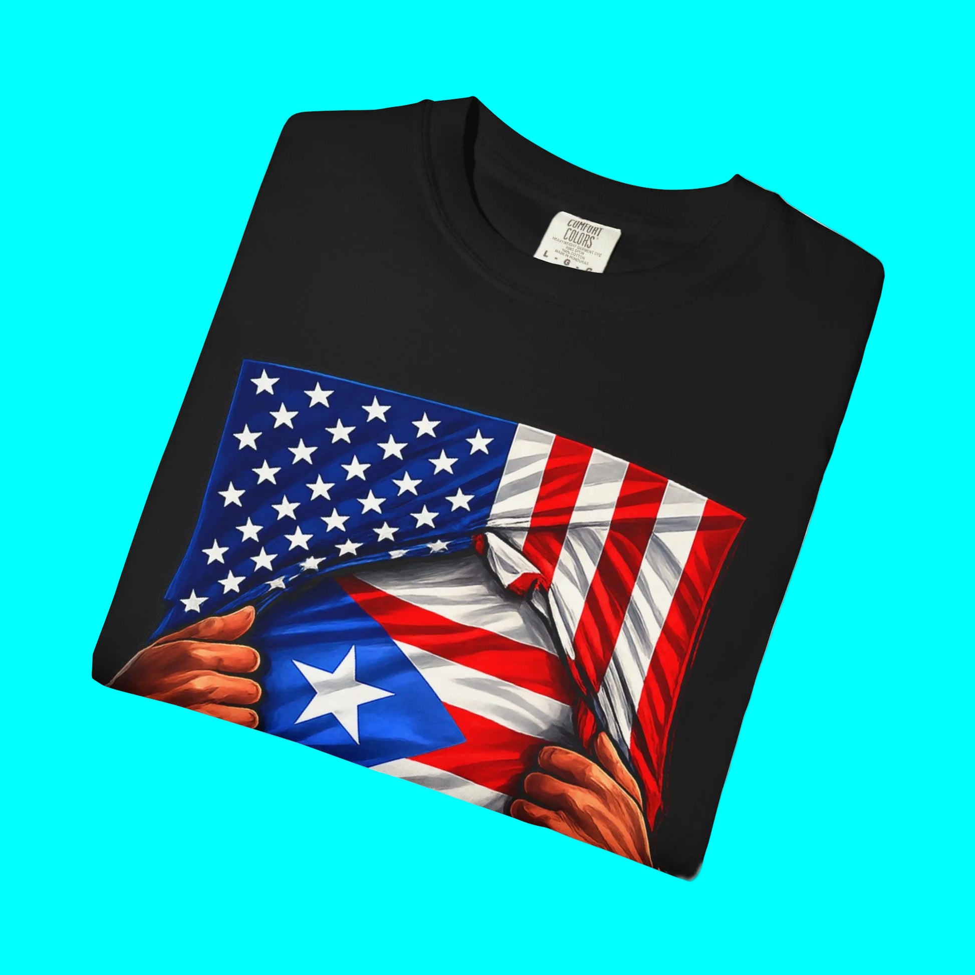 Black t-shirt with an American flag and hands design on a white background