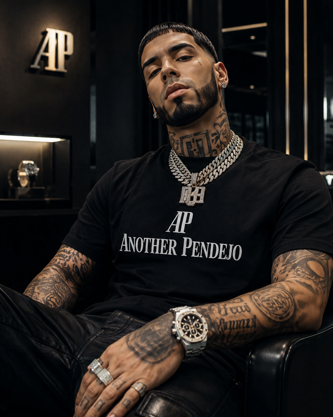 Man wearing a black t-shirt with 'AP Another Pendeko' text, sitting in a dark room with a logo in the background.
