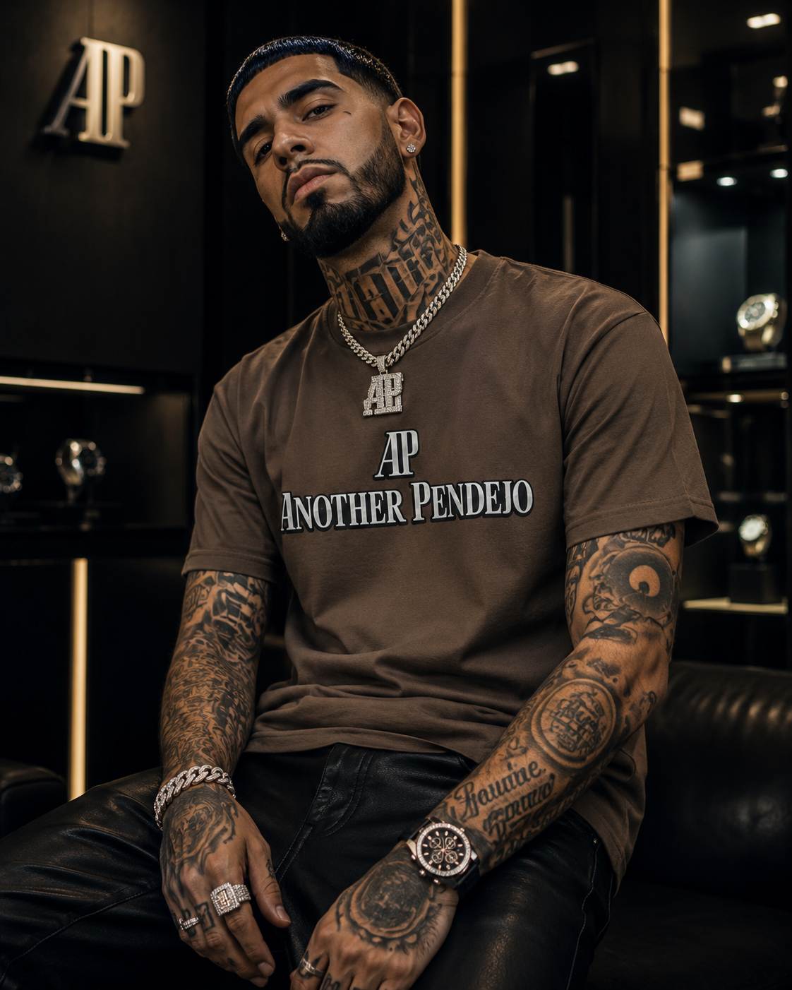 Man wearing a brown t-shirt with 'AP Another Pendejio' text, sitting in a dark room.