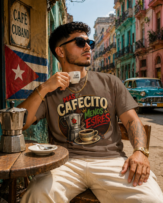 MAS CAFECITO, MENOS ESTRES (More coffee, less stress) T-shirt | Classic Greca, Funny Latino Pride | Heavyweight Cotton