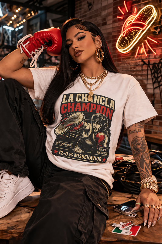 LA CHANCLA CHAMPION Boxing Chancleta T-shirt | Dia De La Madre, Mother's Day | Funny Latino Pride | Heavyweight Cotton