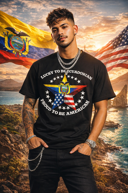 Lucky To Be Ecuadorian, Proud To Be American T-shirt | Ecuador USA Funny Latino Tees | Heavyweight Cotton