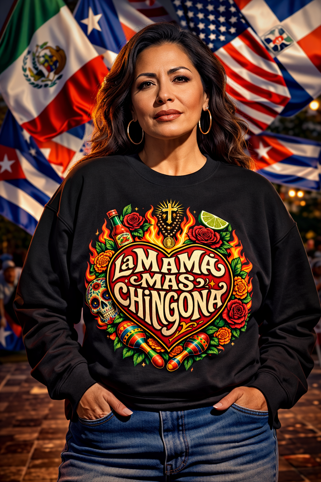 Woman wearing a black sweatshirt with colorful text and graphics, standing in front of flags.