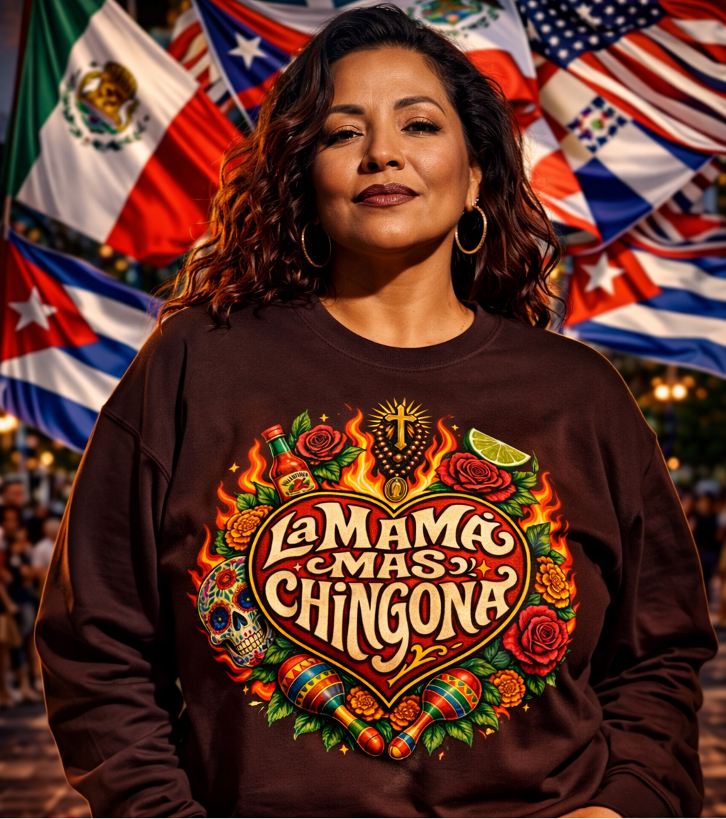 Woman wearing a sweatshirt with 'La Mama Mas Chingona' design in front of colorful flags.