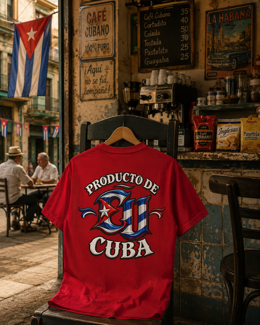 A red graphic t-shirt with a Cuban-themed design is displayed on a wooden chair in a rustic cafe setting. The shirt features a large graphic with the text 'PRODUCTO DE SU CUBA' in white, blue, and red, with a Cuban flag motif.