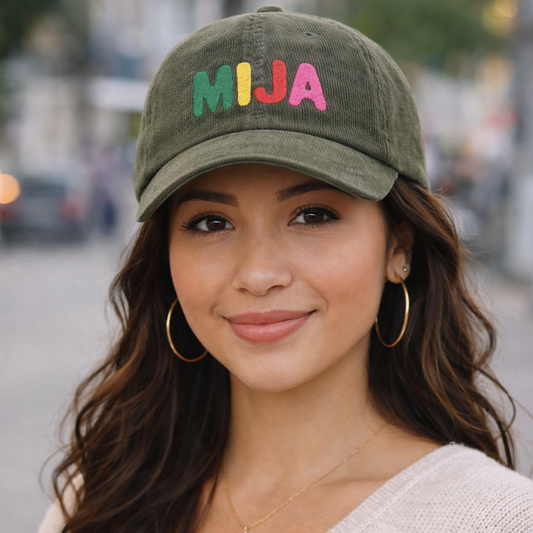 MIJA 100% Corduroy Embroidered Dad Hat Cap | Colorful Chenille Letters | Adjustable Strap | Latinas