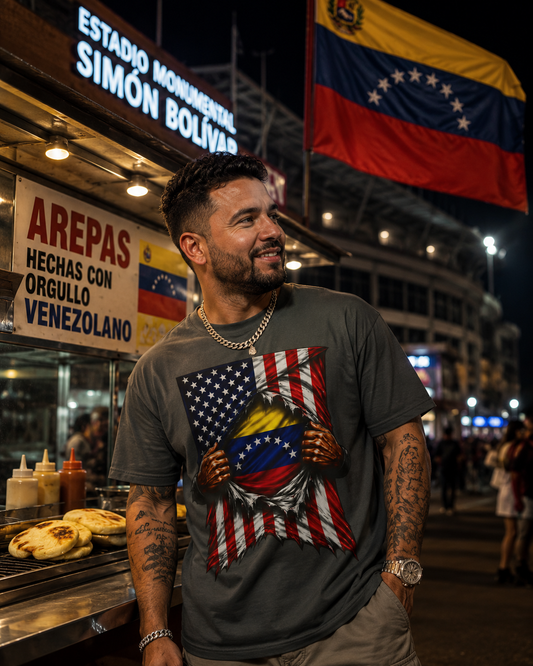 A man wearing a dark gray graphic t-shirt stands in front of a street food stall at night. The t-shirt features a graphic design of a ripped shirt revealing the American flag on one side and the Venezuelan flag on the other, with the text 'AREPAS HECHAS CON ORGULLO VENEZOLANO' on the stall behind him.