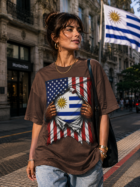 Uruguay Flag + USA Flag Heritage T-shirt | Uruguayan + American Culture Flag Rip 4th Of July | Funny Latino Tees | Heavyweight Cotton