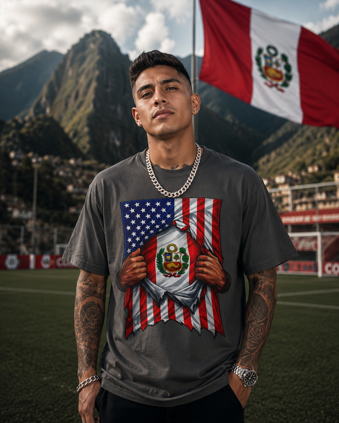 Man wearing a t-shirt with a graphic design of two flags, one American and one Peruvian, with mountains and a flag in the background.