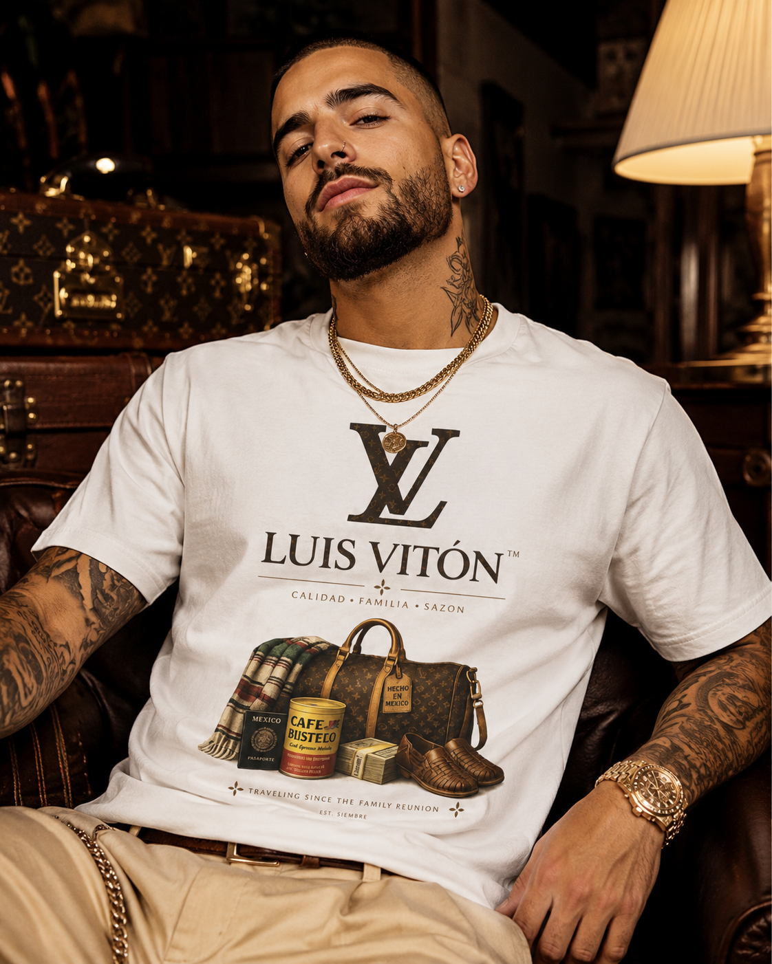 Man wearing a white Luis Viton t-shirt with brand logo and products.