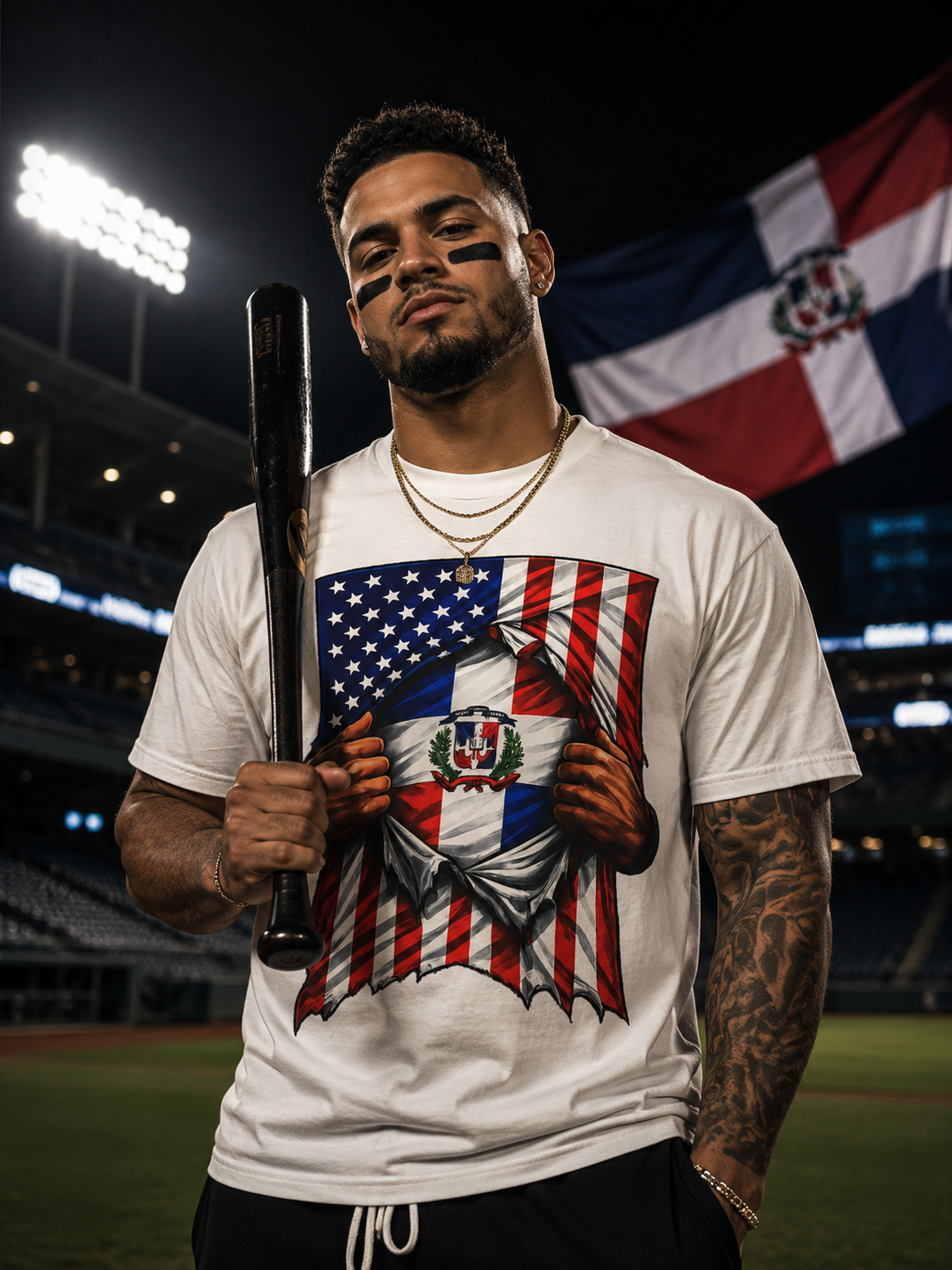 Man holding a baseball bat on a sports field with a flag in the background