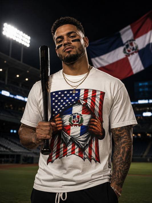 Man holding a baseball bat on a sports field with a flag in the background