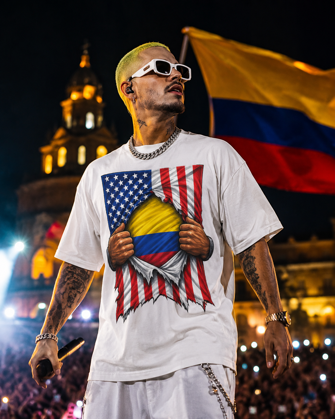Person wearing a shirt with an American and Colombian flag design, standing in front of a large flag.
