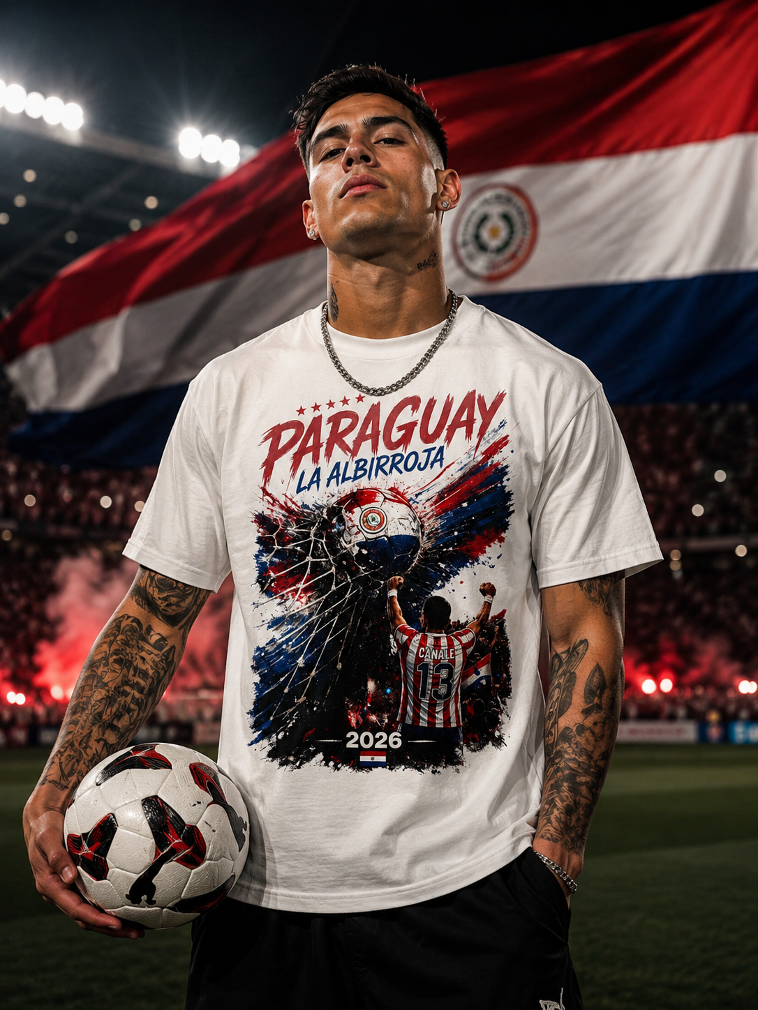 Person wearing a Paraguay soccer jersey holding a ball with a national flag design, standing in front of a large Paraguayan flag.