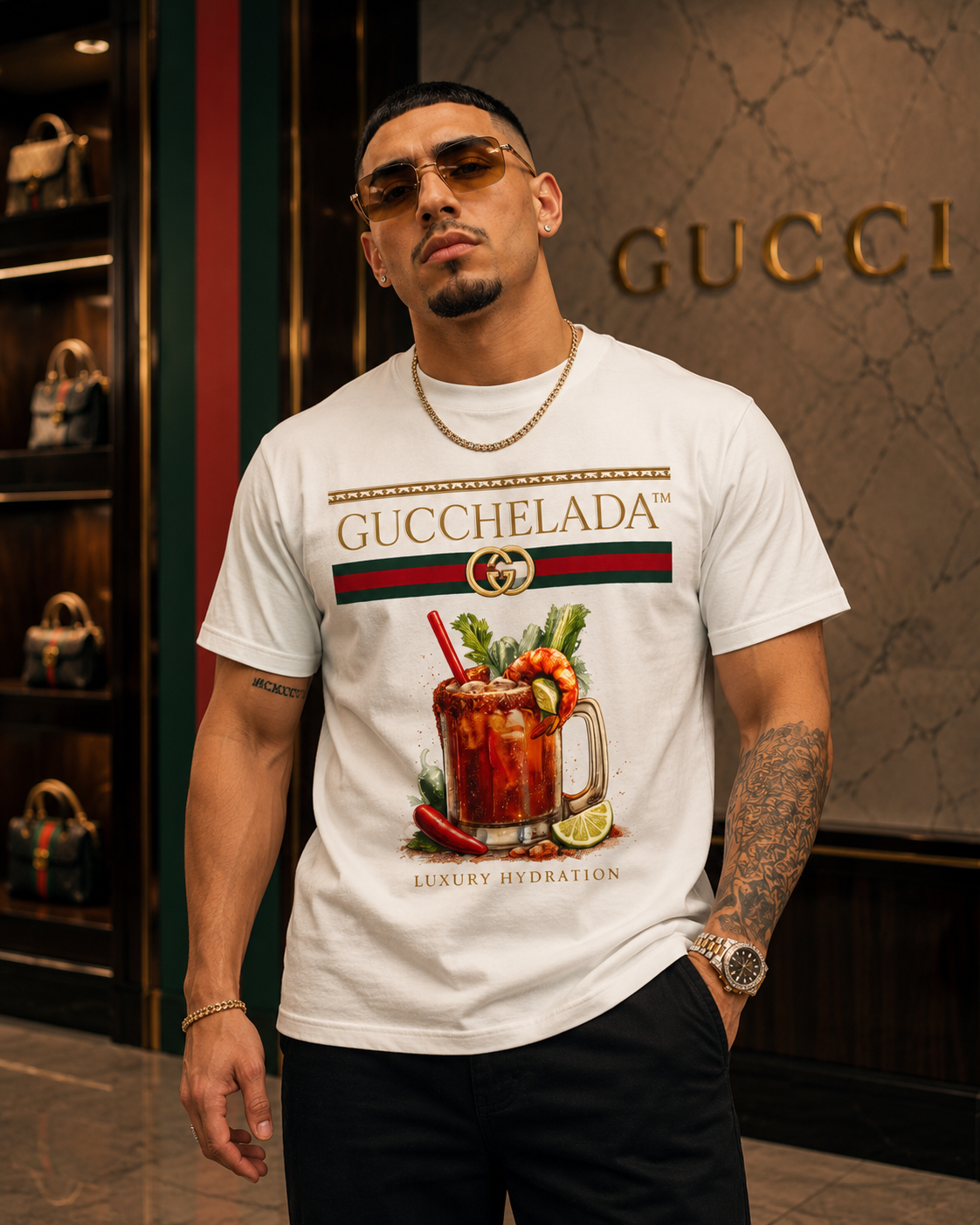 Man wearing a Gucci t-shirt with a drink graphic in front of a Gucci store.