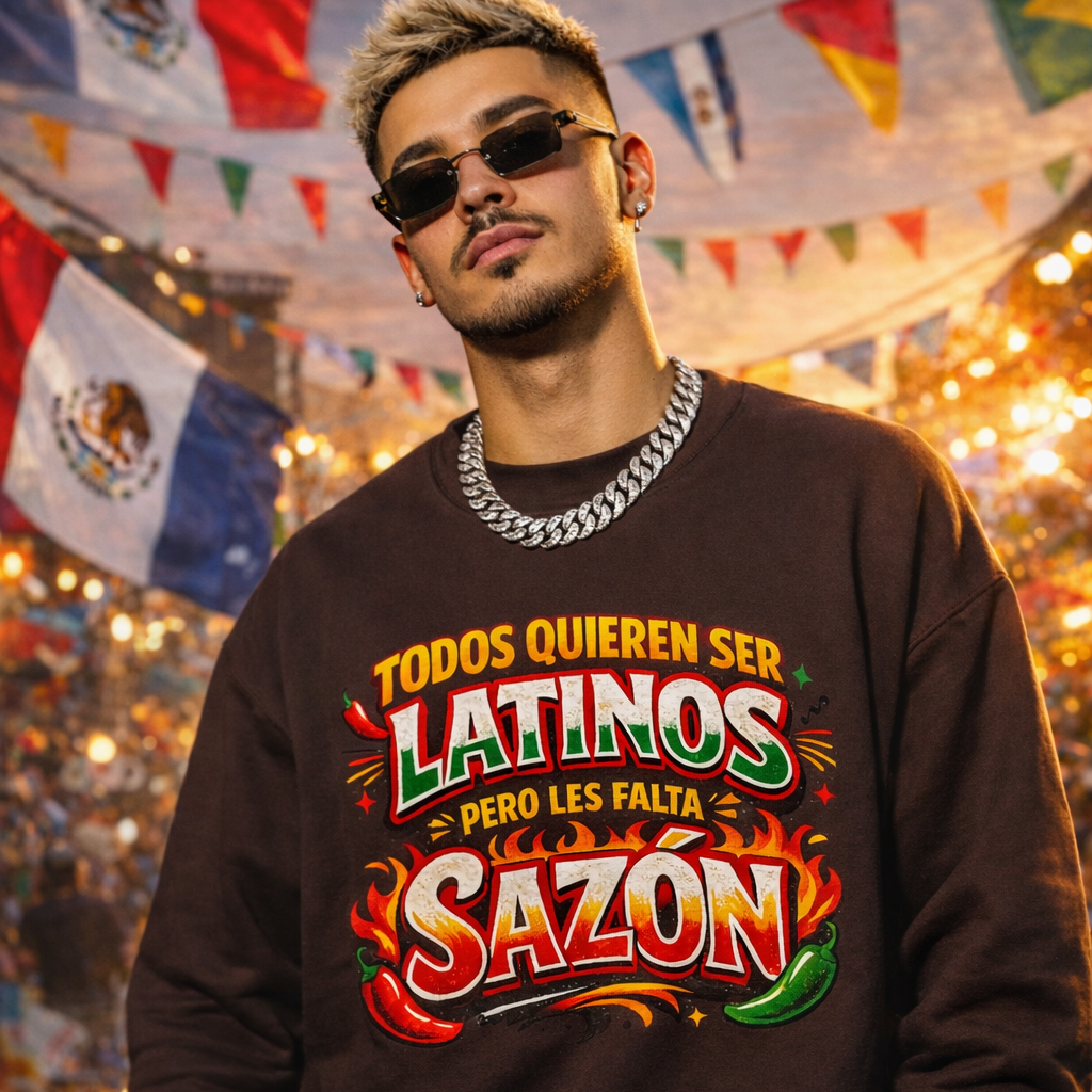 Person wearing a sweatshirt with colorful text in front of flags