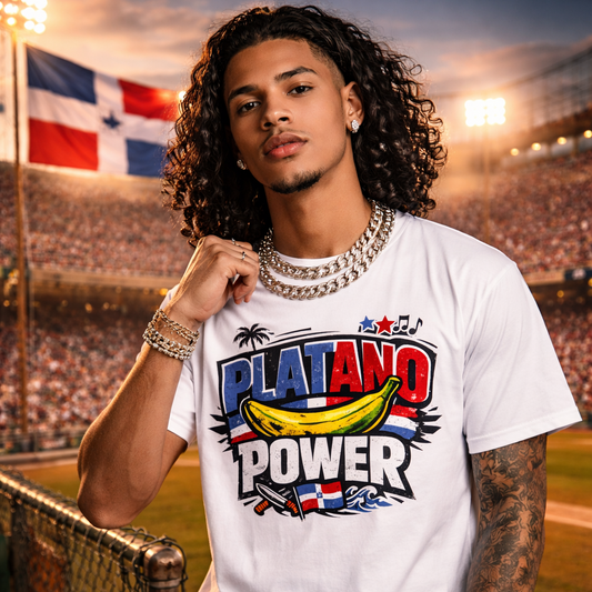 Person wearing a 'Platano Power' t-shirt at a sports event with a flag in the background