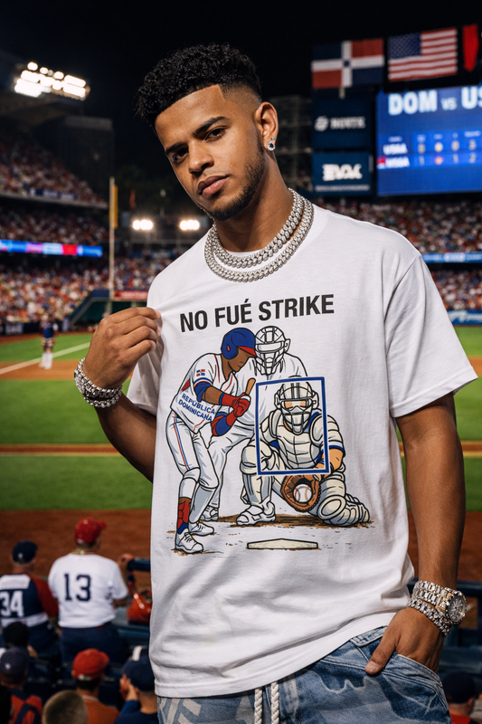 NO FUÉ STRIKE, Team Dominican Republic vs USA Baseball T-shirt | Platano Power Classic Funny Latino Tees | Heavyweight Cotton