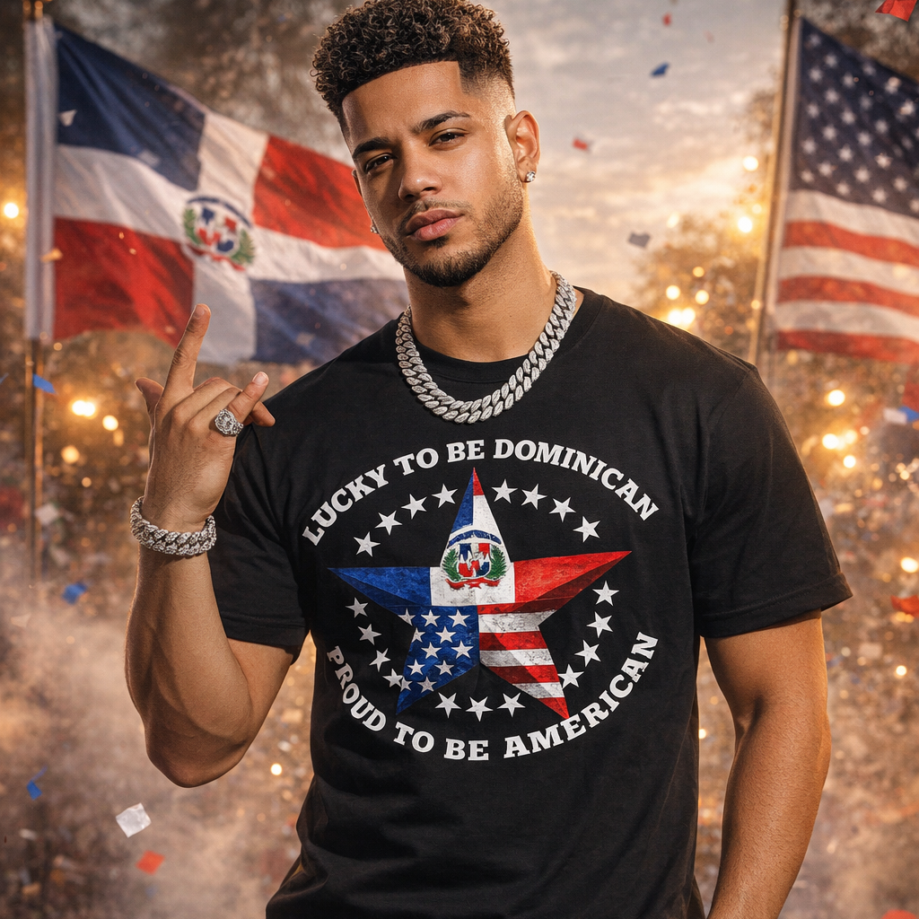 Man wearing a black t-shirt with a flag design, standing in front of Dominican and American flags.
