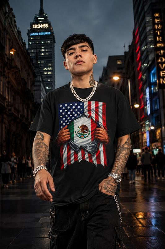Person wearing a black t-shirt with a graphic design of an American flag and Mexican flag, standing in a city street at night.