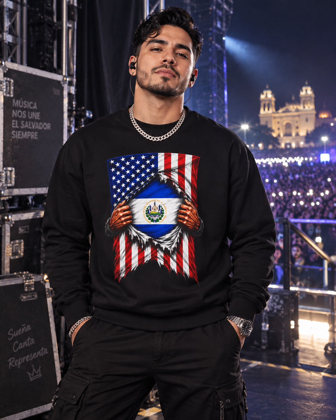 El Salvador Flag + USA Flag Heritage Crewneck Sweatshirt  | Salvadorian + American Culture Flag Rip 4th Of July | Funny Viral Latino | Heavyweight Fleece-Lined