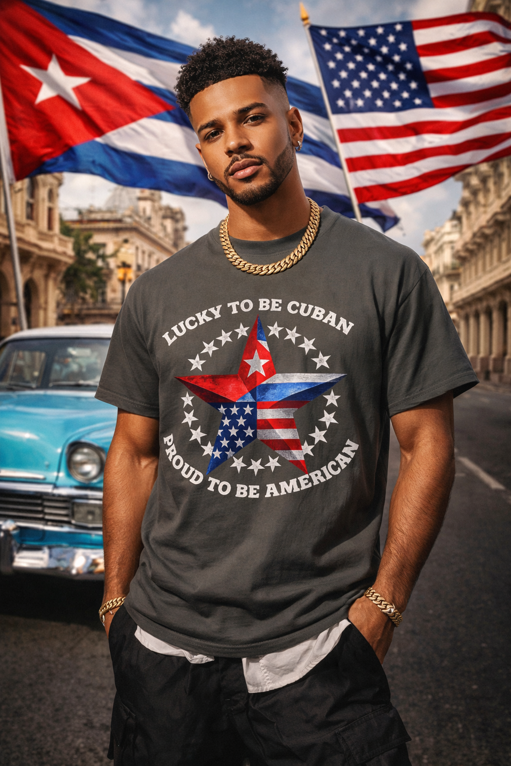 Lucky To Be Cuban, Proud To Be American T-shirt | Cuba USA Funny Latino Tees | Heavyweight Cotton