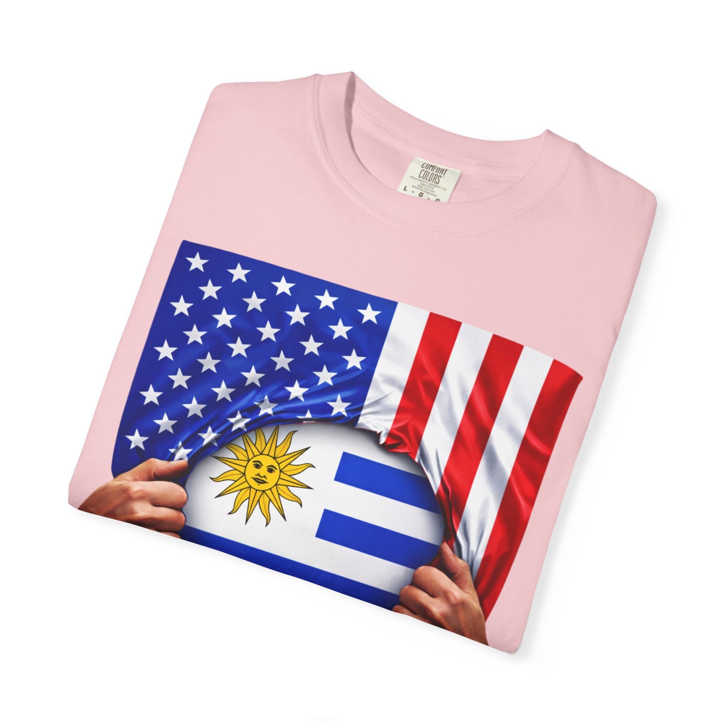 Pink t-shirt with American and Uruguayan flag design on a white background