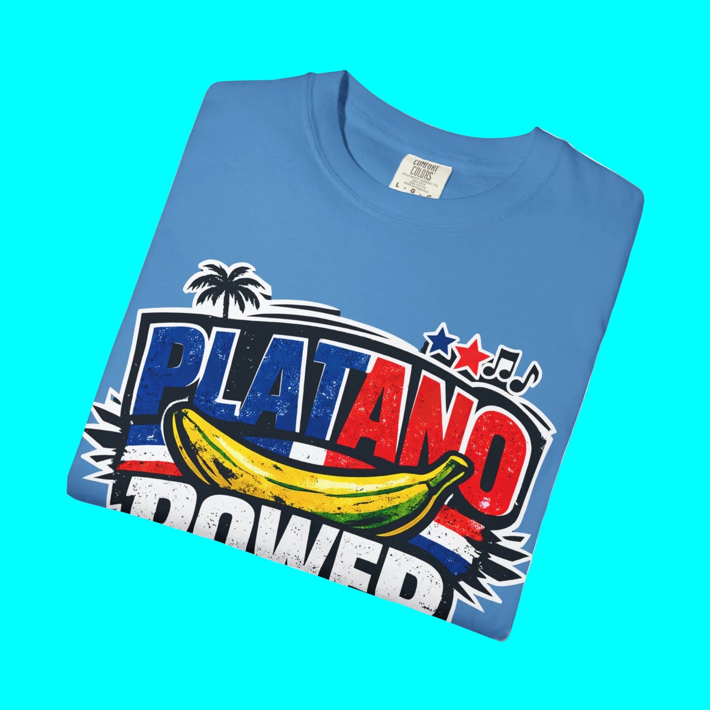 Blue t-shirt with 'Platano Power' graphic design on a white background
