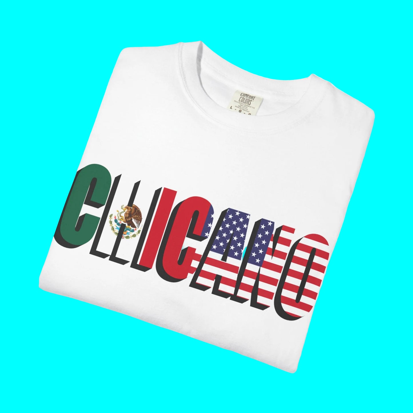 White t-shirt with 'Mexicano' text in Mexican and American flag colors on a white background