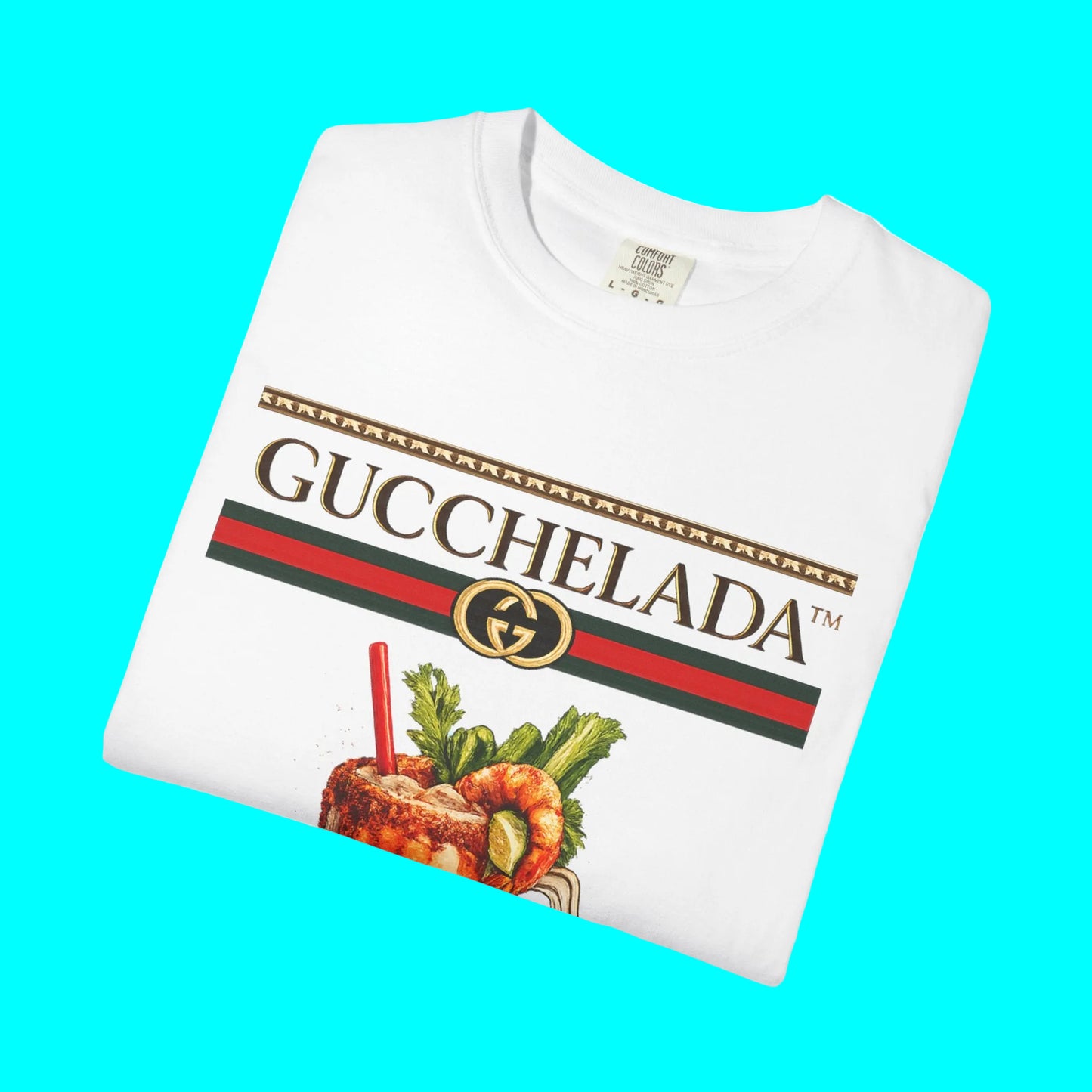 White t-shirt with Guccichelada design featuring a drink and Gucci logo on a white background