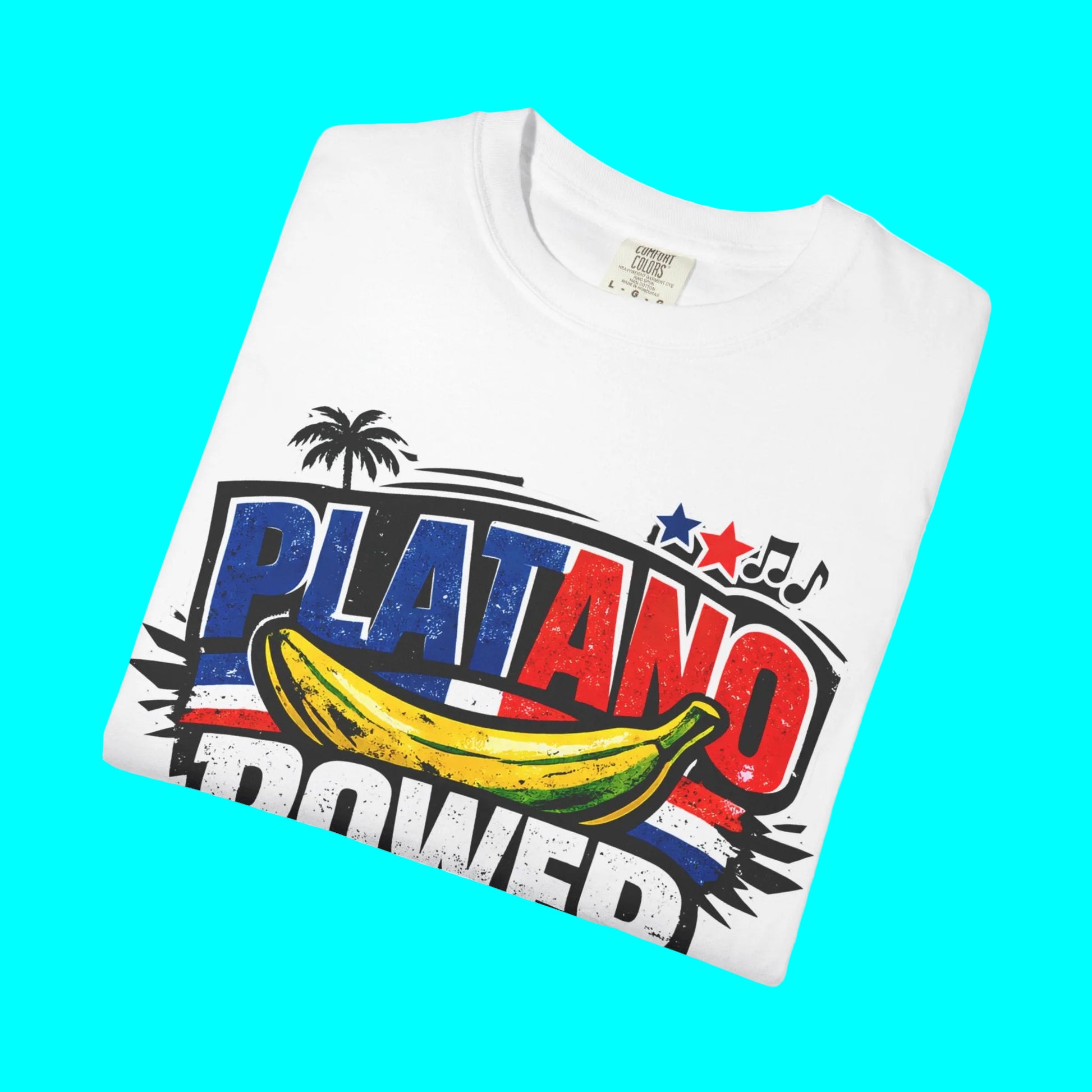 White t-shirt with colorful 'Platano Power' graphic design on a white background